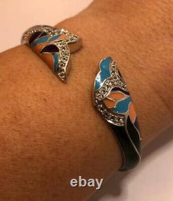 WoW Sterling Silver Onyx Enamel Flower CZ Gemstone 925 Bangle Cuff Bracelet 6.5