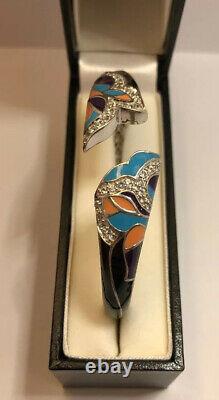 WoW Sterling Silver Onyx Enamel Flower CZ Gemstone 925 Bangle Cuff Bracelet 6.5