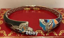 WoW Sterling Silver Onyx Enamel Flower CZ Gemstone 925 Bangle Cuff Bracelet 6.5