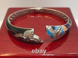 WoW Sterling Silver Onyx Enamel Flower CZ Gemstone 925 Bangle Cuff Bracelet 6.5