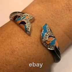 WoW Sterling Silver Onyx Enamel Flower CZ Gemstone 925 Bangle Cuff Bracelet 6.5