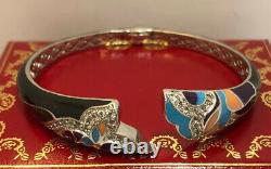 WoW Sterling Silver Onyx Enamel Flower CZ Gemstone 925 Bangle Cuff Bracelet 6.5