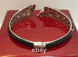 WoW Sterling Silver Onyx Enamel Flower CZ Gemstone 925 Bangle Cuff Bracelet 6.5