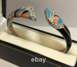 WoW Sterling Silver Onyx Enamel Flower CZ Gemstone 925 Bangle Cuff Bracelet 6.5