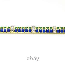 Women's Blue Green Enamel Diamond Link Bracelet in 18k Yellow Gold