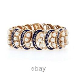 Yellow Gold Cultured Pearl Panel Link Bracelet 6 1/2 14k Blue Enamel