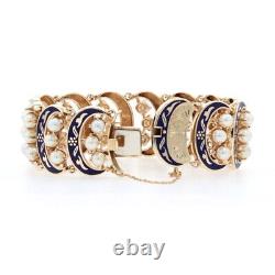 Yellow Gold Cultured Pearl Panel Link Bracelet 6 1/2 14k Blue Enamel