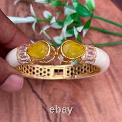 Yellow Sapphire & Diamond Enamel Bangle Bracelet in 14K Yellow Gold Over 7.5